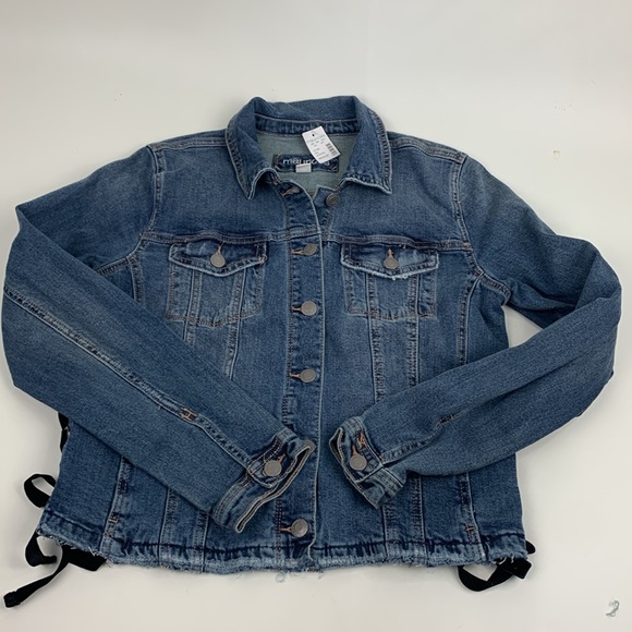 Maurices Blue Black ribbon Jean Jacket Lace-Up Sides Size Medium Button up NEW - Picture 12 of 13